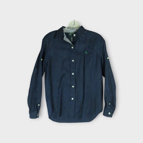 Lauren Ralph Lauren Navy Linen Roll Tab Shirt Size SP Casual Button Down - Picture 1 of 11